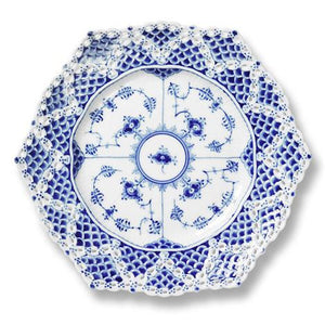 R.C. Blue Fluted Full Lace Cake Plate w/  Double Lace Border