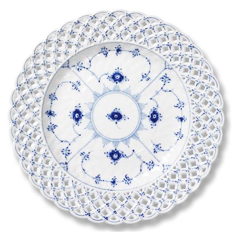 R.C. Blue Fluted Full Lace Cake Plate with Open Border