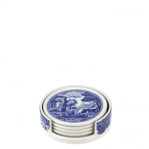 Spode Blue Italian Ceramic Coasters 3.75" with holder
