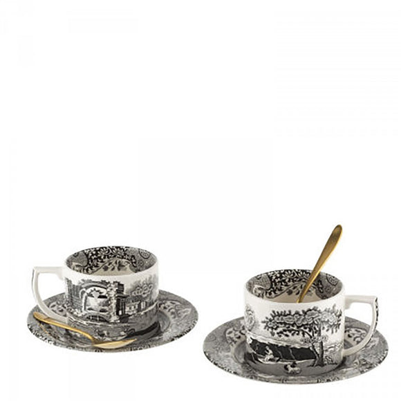 Spode Black Italian Tea Cup & Saucer 10oz set of 2 with spoons
