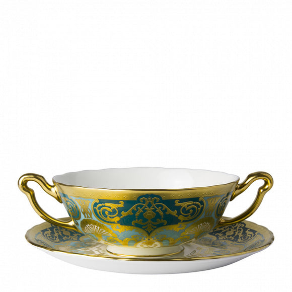 HERITAGE FOREST GREEN & TURQUOISE - CREAM SOUP CUP & STAND