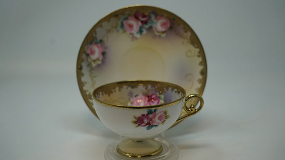 Nippon Jewelled Footed Teacup and Saucer Hand Painted Roses