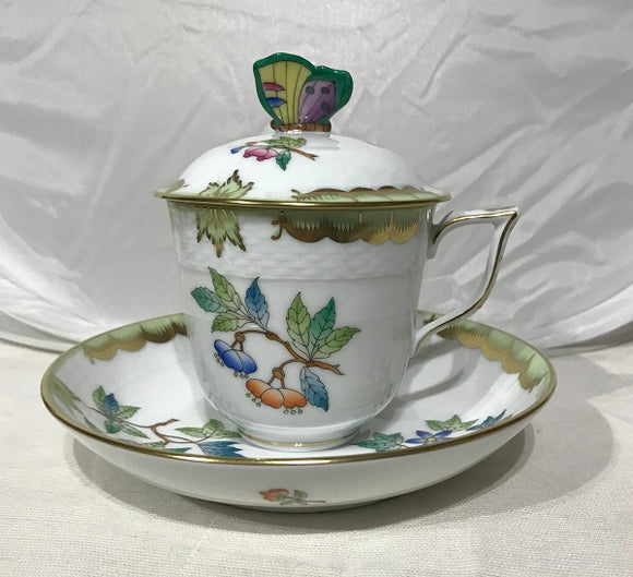 Herend Victoria Lidded Cup And Saucer Butterfly Knob